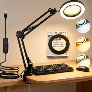 Magnifying Glass with Light and Clamp, 5 Color Modes Stepless Dimmable LED Lighted Magnifier Hands Free Magnifying Desk Lamp