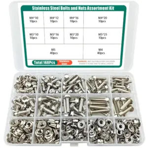 160-piece stainless steel hexagonal flange bolt and nut set, M4/M5, length 10-25mm