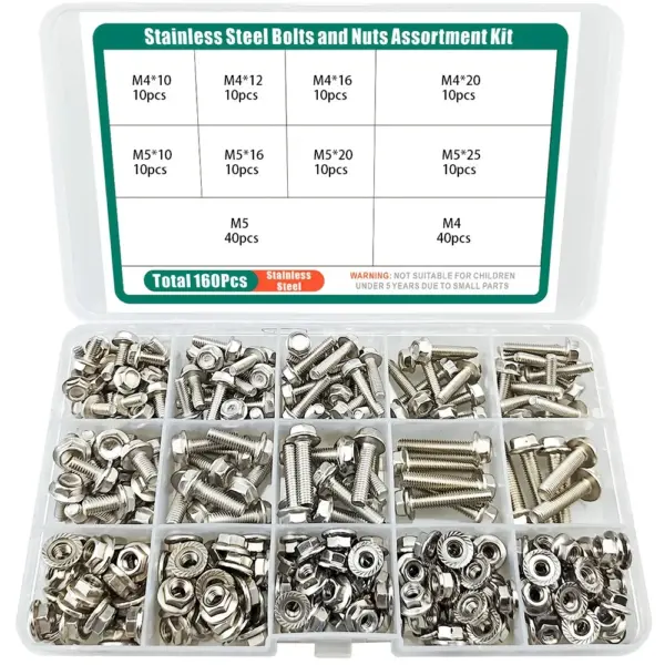 160-piece stainless steel hexagonal flange bolt and nut set, M4/M5, length 10-25mm