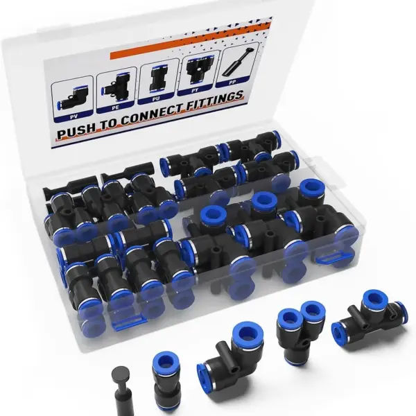1/4” Od 60Pcs Push-In Air Hose Fitting Kit, Quick Connect Pneumatic Fittings Suitable for Air Hoses (T-Fittings, Straight Fittings, Elbow Fittings, Splitter Plugs)