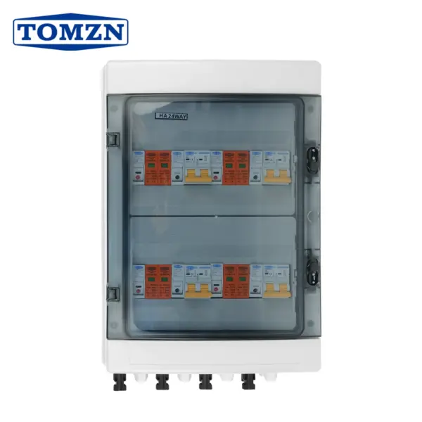TOMZN Solar photovoltaic PV Combiner Box With Lightning Protection 4 input 4 out DC 600V Fuse MCB SPD Waterproof Box IP65 24ways