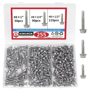 255Pcs 410 Stainless Steel Hex Socket Self-Tapping Screws Assortment Kit, Flat Head Wood Sheet Metal Screws