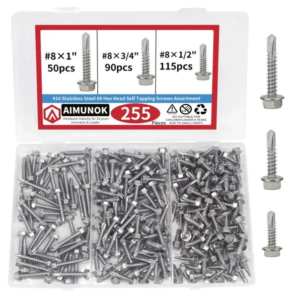 255Pcs 410 Stainless Steel Hex Socket Self-Tapping Screws Assortment Kit, Flat Head Wood Sheet Metal Screws