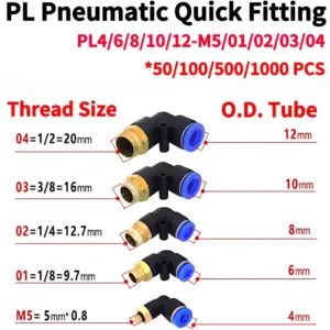 PL Pneumatic Quick Fitting, Push to Connect Tube Male Elbow Fitting,Pneumatic Air Push Quick Connect, Apply to Pipe Connection