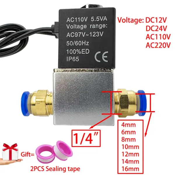 DC12V 24V AC110V 220V Normally Closed 1/4"Silent Oil Free Bidirectional NormallyClosed Pneumatic Solenoid Valve