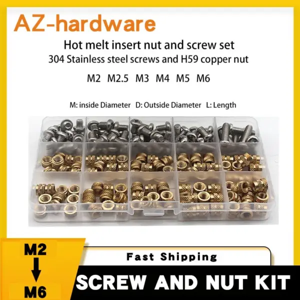 SL-type Double Twill Knurled Hot Melt Insert Nut And Screw Set 304 Stainless Steel Screw And Copper Thread Inlaid Nut Set