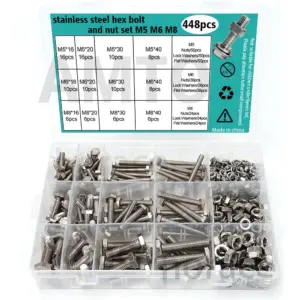 Stainless steel hex bolt and nut set, available in sizes M5, M6, and M8, with lengths of 16mm, 20mm, 30mm, and 40mm respectively