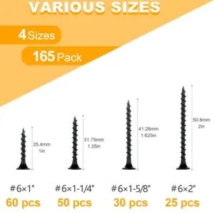 165pcs/box Phillips Coarse Drywall Screws Assortment Kit Black Wood Screws for Sheetrock Picture Hanging Kit Frame Painting Art
