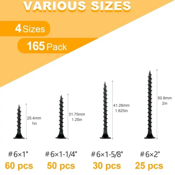 165pcs/box Phillips Coarse Drywall Screws Assortment Kit Black Wood Screws for Sheetrock Picture Hanging Kit Frame Painting Art