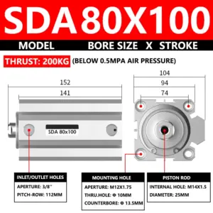 ABILKEEN SDA80X100 SDA Series Thin Air Cylinder 80MM Female Thread Bore X 100MM Stroke Double Acting Pneumatic Compact Cylinder