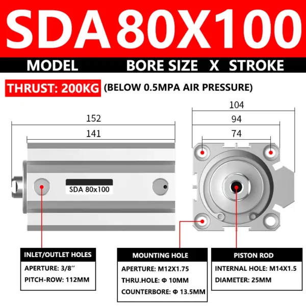 ABILKEEN SDA80X100 SDA Series Thin Air Cylinder 80MM Female Thread Bore X 100MM Stroke Double Acting Pneumatic Compact Cylinder