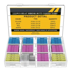 330PCS Heat Shrink Butt Connectors - Insulated Waterproof Wire Connectors Kit, Marine Grade Tinned Copper Wire Connectors