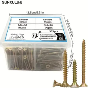 335-Piece M4 Wood Screw Coarse Thread Phillips Drive Bell Head Yellow Zinc Screw Assortment Kit