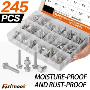 Set of 245 pieces of 304 stainless steel metric M6, M8, and M10 flange hex bolts and nuts, including 14 common sizes