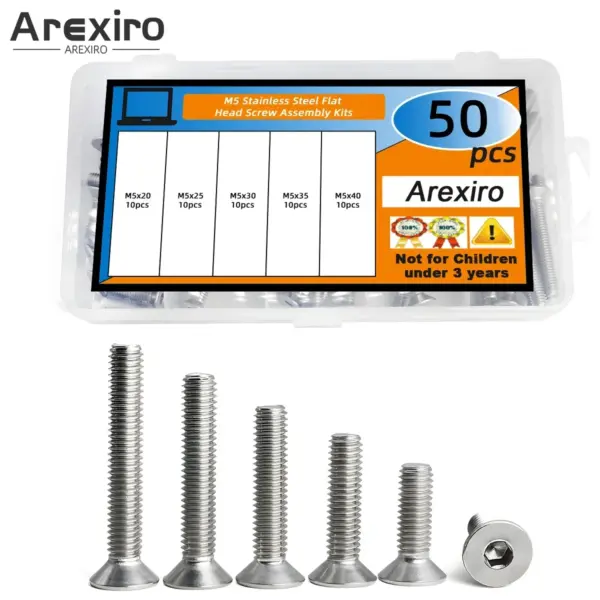 50/100PCS M5 Flat Head Hex Socket Cap Screws Countersunk Bolts 304 Stainless Steel Metric Allen Hex Drive Assortment Kits