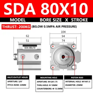 ABILKEEN SDA80X10 SDA Series Thin Air Cylinder 80MM Female Thread Bore X 10MM Stroke Double Acting Pneumatic Compact Cylinder