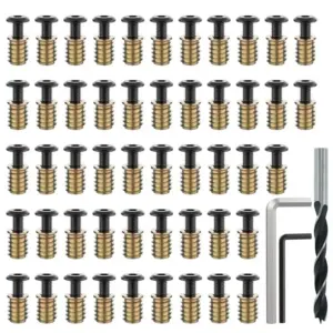 A69E50 Sets 1/4-20 X 19/32" Threaded Insert And Bolt For Wood, Hex Socket Drive Furniture Screw Nut Assortment Kits