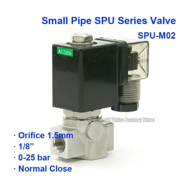 2 Way Normal Close Pneumatic Solenoid Valve SPU-M02 Water Solenoid Valve Orifice 1.5mm AC220V BSP Port G1/8"