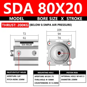 ABILKEEN SDA80X20 SDA Series Thin Air Cylinder 80MM Female Thread Bore X 20MM Stroke Double Acting Pneumatic Compact Cylinder