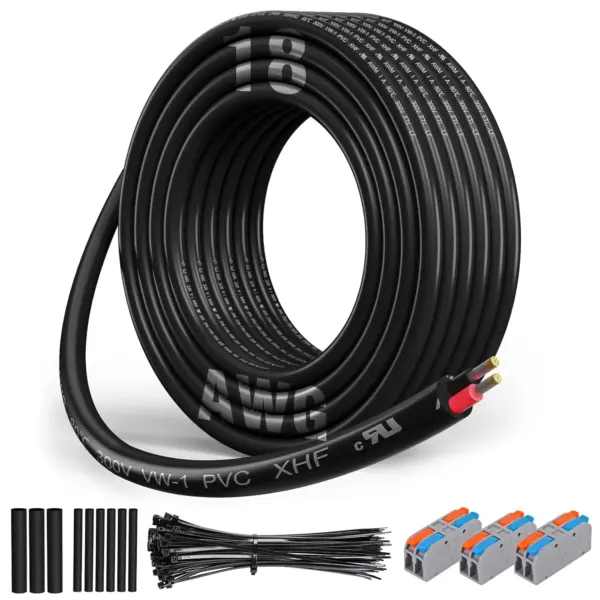 18 AWG 2 Conductor Electrical Wire Tinned Copper Stranded PVC Cord 30ft Black for Automotive, Marine, LED