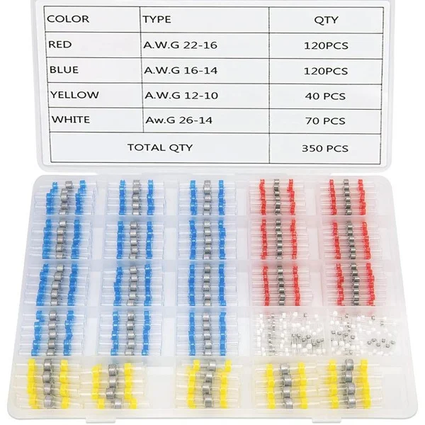 350PCS Solder Seal Wire Connectors Kit Heat Shrink Butt Splice Self-Solder Waterproof Terminals for Marine Automotive Boat Truck