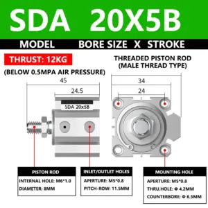ABILKEEN SDA20X5B SDA Series Thin Air Cylinder 20MM Male Thread Bore X 5MM Stroke Double Acting Pneumatic Compact Cylinder