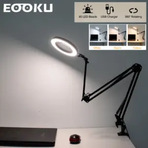 EOOKU 12W Reading Table Lamp with 80Pcs LED Lights 5X Glass Lens Magnifier Eye Protection Desk Light for DIY/Office/Work Tool