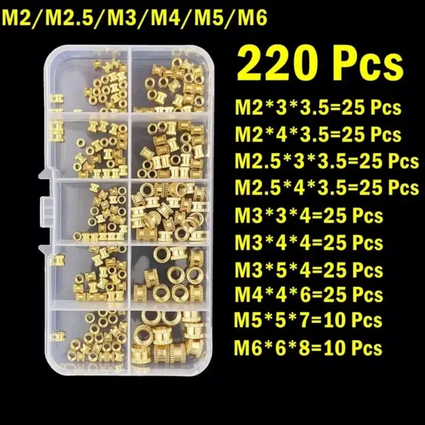 80/220PCS Brass Heat Set Inserts Assortment Kit M2 M2.5 M3 M4 M5 M6 Threaded Inserts for 3D Printer Parts Heat Melt Insert Nuts