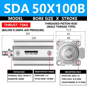 ABILKEEN SDA50X100B SDA Series Thin Air Cylinder 50MM Male Thread Bore X 100MM Stroke Double Acting Pneumatic Compact Cylinder