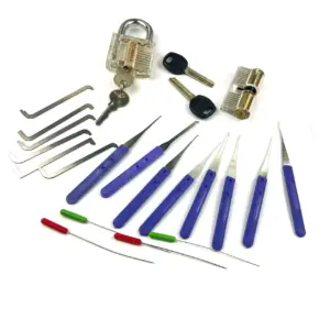 4 in 1 Lockpick Practice Set for Beginner,Locksmith Training Kit with Transparent Lock,Tension Push Rod,Extractor Tools