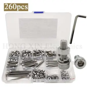 260Pcs M4 Hex Socket Head Cap Screws Nuts Washers Sets,304 Stainless Steel M4x8/10/12/16/20/25/30/40/50mm Screws Bolts Kit
