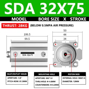 ABILKEEN SDA32X75 SDA Series Thin Air Cylinder 32MM Female Thread Bore X 75MM Stroke Double Acting Pneumatic Compact Cylinder