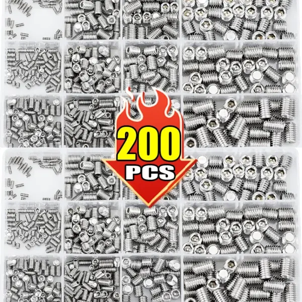 200pcs/set Stainless Steel Hex Hexagon Socket Screw Grub Bolt Flat End Set Screws Kit Box M3 M4 M5 M6 M8 Assortment Fasteners