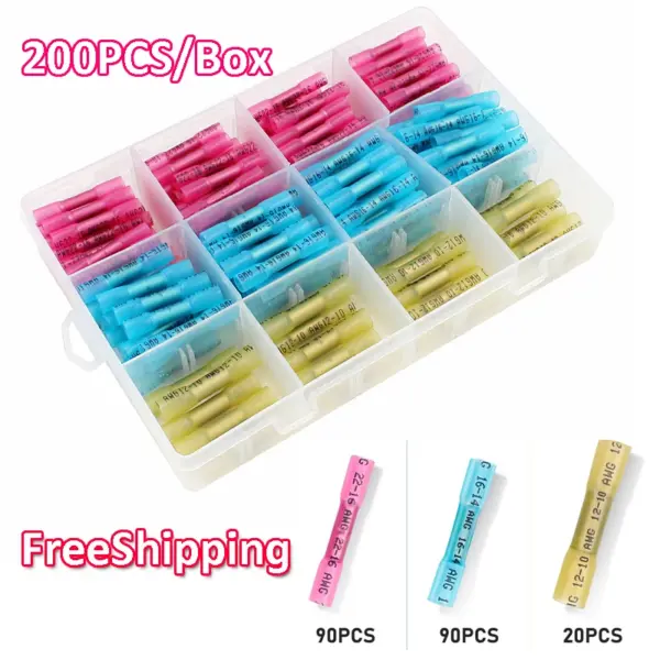 200PCS Marine Grade Heat Shrink Butt Connectors,26-10 Gauge Heat Shrink Wire Connectors-Tinned Red Copper Waterproof Wire Connec