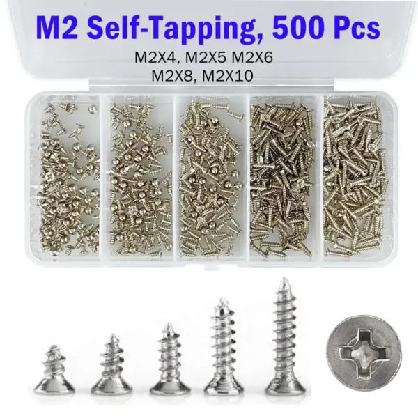 500 Pcs M2 Self Tapping Phillips Screws Assortment Kit Steel Cross Drive Flat Head Self Drilling Wood Screws Silver Black