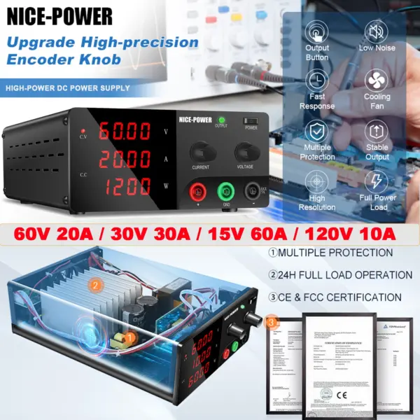 NICE-POWER DC Power Supply Variable 60V 20A 1200W Bench Power Supply Output Switch Encoder Knob 15V 60A/30V 30A/120V 10A/200V 5