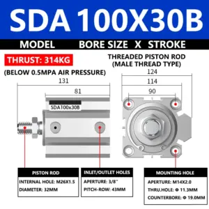ABILKEEN SDA100X30B SDA Series Thin Air Cylinder 100MM Male Thread Bore X 30MM Stroke Double Acting Pneumatic Compact Cylinder