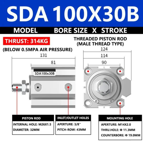 ABILKEEN SDA100X30B SDA Series Thin Air Cylinder 100MM Male Thread Bore X 30MM Stroke Double Acting Pneumatic Compact Cylinder