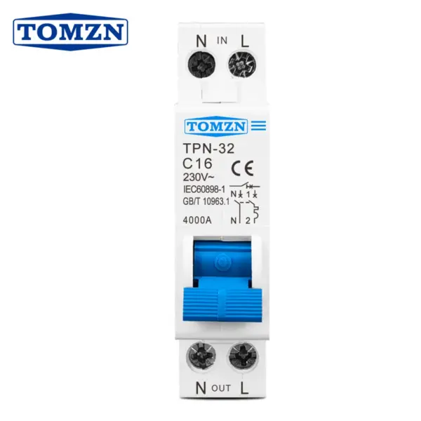 TOMZN TPN 1P+N 18mm Mini Circuit Breaker MCB 10A 16A 20A 25A 32A DIN Rail DPN Short-circuit Protector Overload Protection C Type