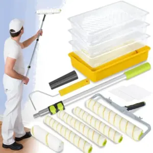18 Inch Paint Roller Kit 14 Pack Paint Roller Set with 2-4 Ft Extension Pole Paint Tray Liners with Plastic Sheeting for Painti