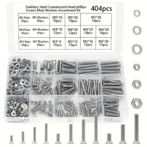 404pcs Stainless Steel Phillips Countersunk Head Screw and Nut Set, M3 M4 M5 Countersunk Head Screws, DIY Screw and Nut Tool Kit