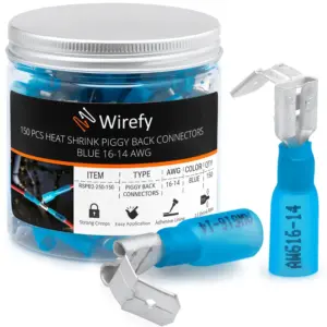 150 PCS Heat Shrink Piggyback Spade Connectors - 3 Way Wire Connectors, Double Spade Connectors, Quick Disconnect Terminals, Blue 16-14 AWG