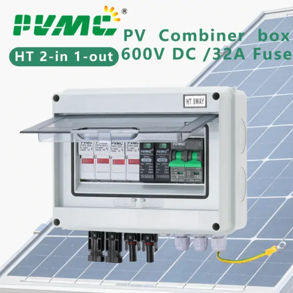 2 in 1 out DC 600V Solar photovoltaic PV Combiner Box With Lightning Protection 32A Fuse MCB SPD Waterproof IP65 Distribution