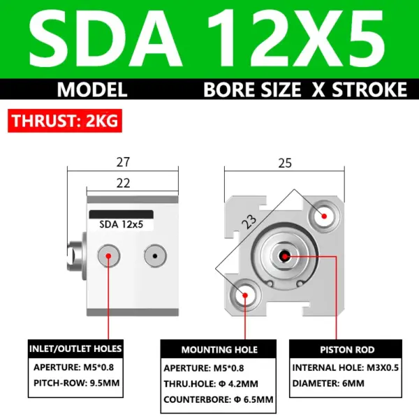 ABILKEEN SDA12X5 SDA Series Thin Air Cylinder 12MM Female Thread Bore X 5MM Stroke Double Acting Mini Pneumatic Compact Cylinder
