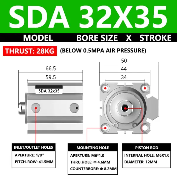 ABILKEEN SDA32X35 SDA Series Thin Air Cylinder 32MM Female Thread Bore X 35MM Stroke Double Acting Pneumatic Compact Cylinder
