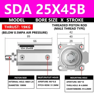 ABILKEEN SDA25X45B SDA Series Thin Air Cylinder 25MM Male Thread Bore X 45MM Stroke Double Acting Pneumatic Compact Cylinder