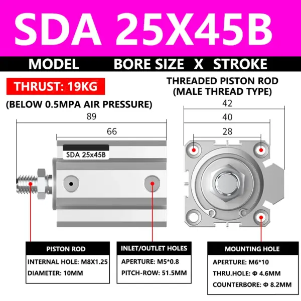 ABILKEEN SDA25X45B SDA Series Thin Air Cylinder 25MM Male Thread Bore X 45MM Stroke Double Acting Pneumatic Compact Cylinder