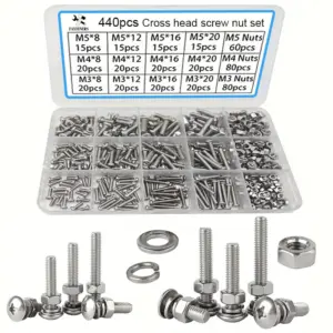440pcs Stainless Steel Phillips Pan Head Screw and Nut Set, M3 M4 M5 Phillips Pan Head Screws, DIY Tool Screw and Nut Kit