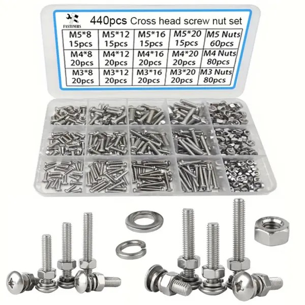 440pcs Stainless Steel Phillips Pan Head Screw and Nut Set, M3 M4 M5 Phillips Pan Head Screws, DIY Tool Screw and Nut Kit
