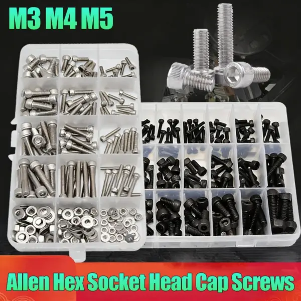 1 Box Nuts and Bolts Assortment Kit M3 M4 M5 Hex Socket Cap Head Stainless Steel/Alloy Steel Bolts, Nuts, Flat Washers, and More